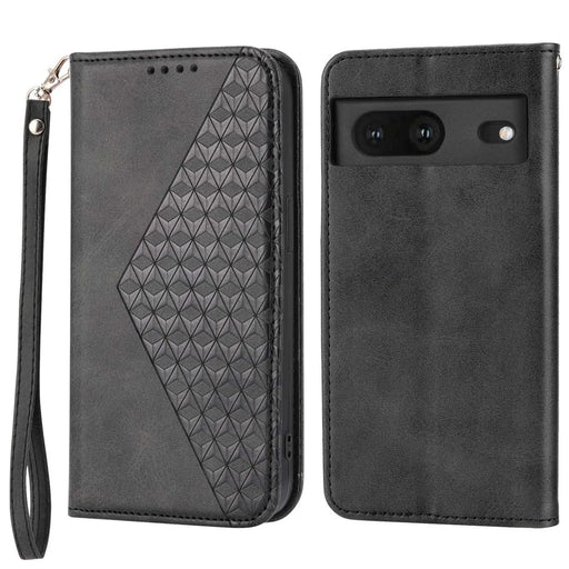 For Google Pixel 7 5G Rhombus Pattern Imprinted Calf Texture PU Leather Stand Case Magnetic Auto Closing Wallet Phone Cover with Strap - Black - 1