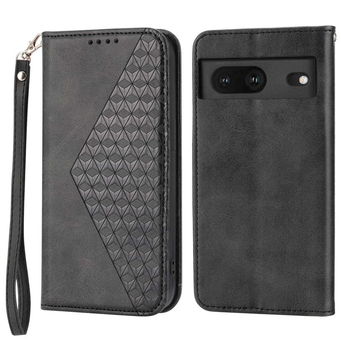 For Google Pixel 7 5G Rhombus Pattern Imprinted Calf Texture PU Leather Stand Case Magnetic Auto Closing Wallet Phone Cover with Strap - Black - 1