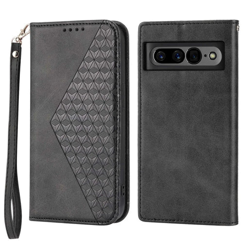 For Google Pixel 7 Pro 5G Rhombus Pattern Imprinted Stand Wallet Phone Case Calf Texture PU Leather + TPU Cover with Strap - Black - 1