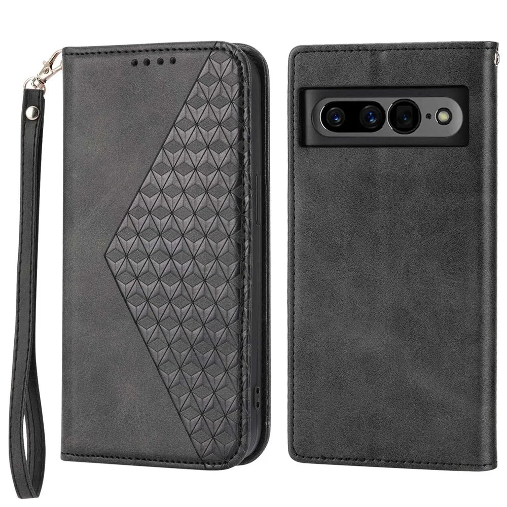 For Google Pixel 7 Pro 5G Rhombus Pattern Imprinted Stand Wallet Phone Case Calf Texture PU Leather + TPU Cover with Strap - Black - 1