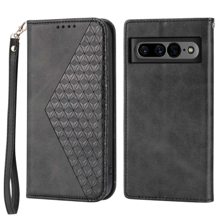 For Google Pixel 7 Pro 5G Rhombus Pattern Imprinted Stand Wallet Phone Case Calf Texture PU Leather + TPU Cover with Strap - Black - 1