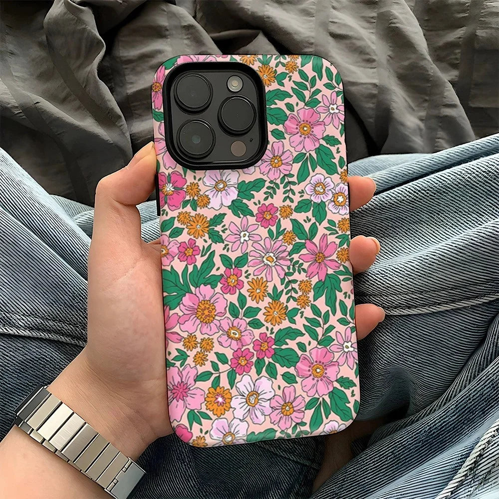For iPhone 16 Pro Max Case Double Layer TPU + PC Heat Transfer Floral Design Glossy Phone Cover - Colorful Flower - 1