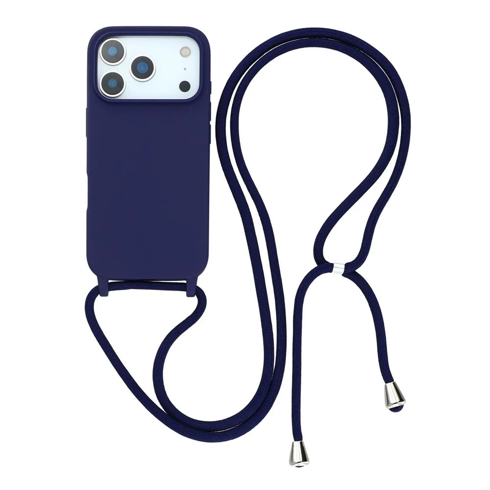 For iPhone 17 Pro Case TPU Soft Shockproof Phone Cover with Adjustable Lanyard - Dark Blue - 1