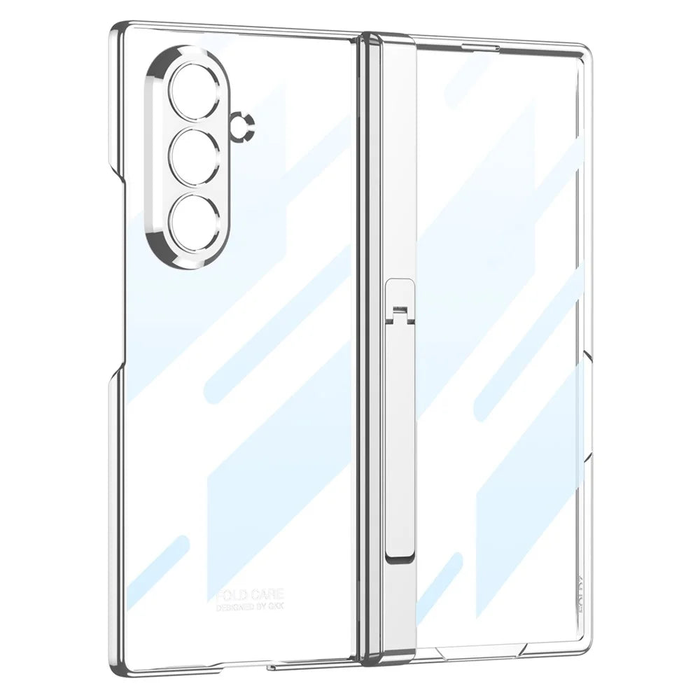 GKK For Samsung Galaxy Z Fold7 5G Crystal Clear Case Magnetic Hinge Protection PC Tempered Glass Kickstand Phone Cover - Silver - 1