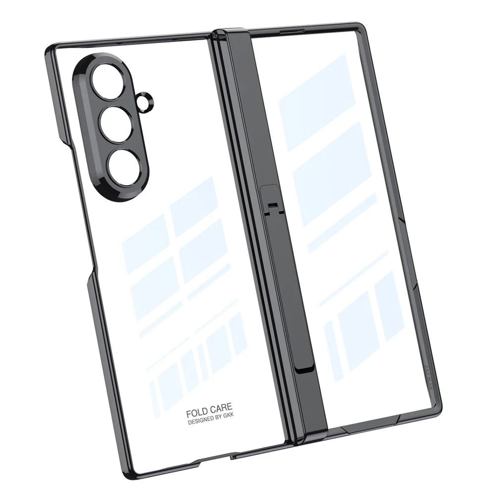 GKK For Samsung Galaxy Z Fold7 5G Crystal Clear Case Magnetic Hinge Protection PC Tempered Glass Kickstand Phone Cover - Silver - 5