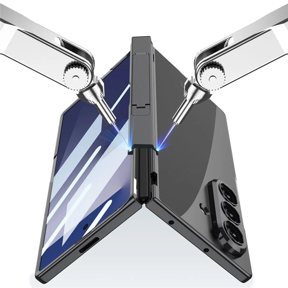 GKK For Samsung Galaxy Z Fold7 5G Crystal Clear Case Magnetic Hinge Protection PC Tempered Glass Kickstand Phone Cover - Silver - 7