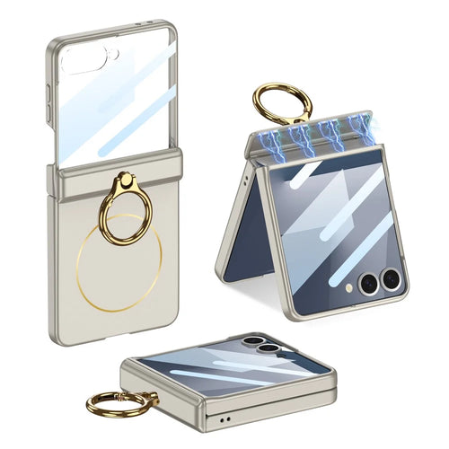 GKK For Samsung Galaxy Z Flip7 5G Magnetic Case with Ring Holder PC Tempered Glass Film Phone Cover - Titanium Grey - 1