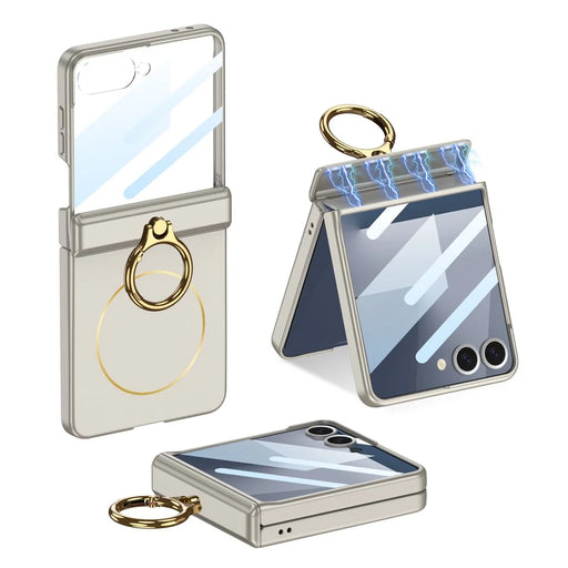 GKK For Samsung Galaxy Z Flip7 5G Magnetic Case with Ring Holder PC Tempered Glass Film Phone Cover - Titanium Grey - 1