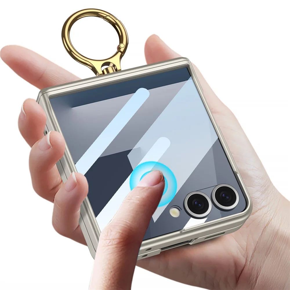 GKK For Samsung Galaxy Z Flip7 5G Magnetic Case with Ring Holder PC Tempered Glass Film Phone Cover - Titanium Grey - 3