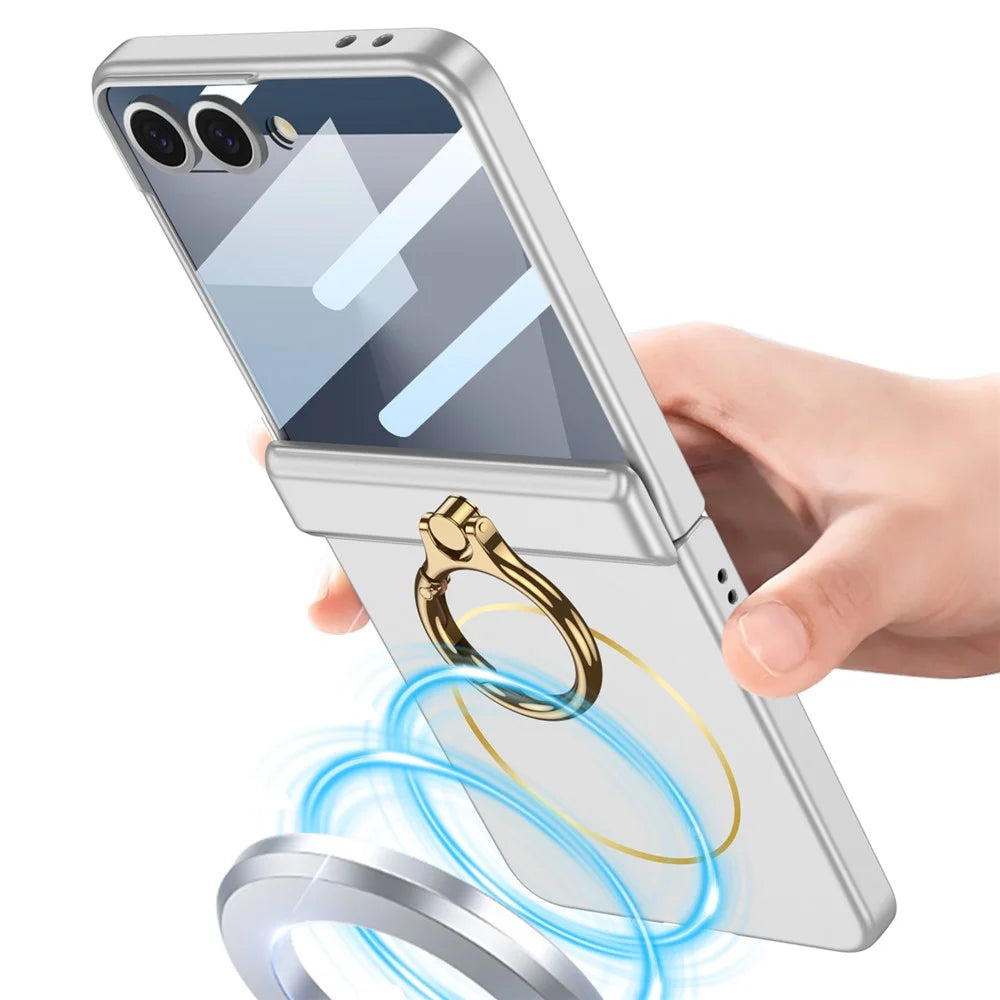 GKK For Samsung Galaxy Z Flip7 5G Magnetic Case with Ring Holder PC Tempered Glass Film Phone Cover - Titanium Grey - 4