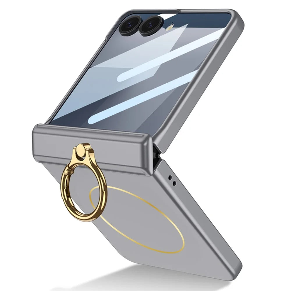 GKK For Samsung Galaxy Z Flip7 5G Magnetic Case with Ring Holder PC Tempered Glass Film Phone Cover - Titanium Grey - 7