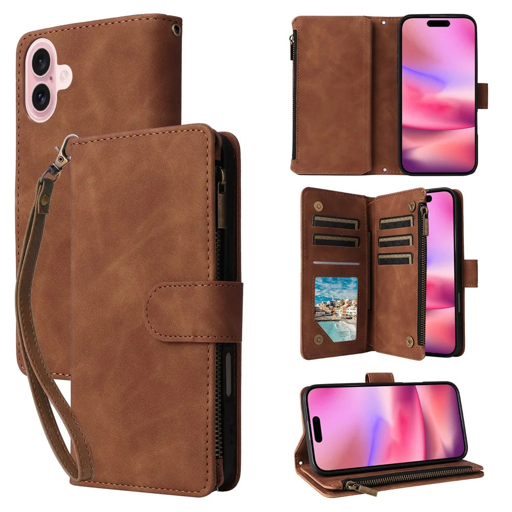 For iPhone 17 Case Zipper Wallet Multiple Card Slots Leather Phone Cover with Wrist Strap - Brown - 1