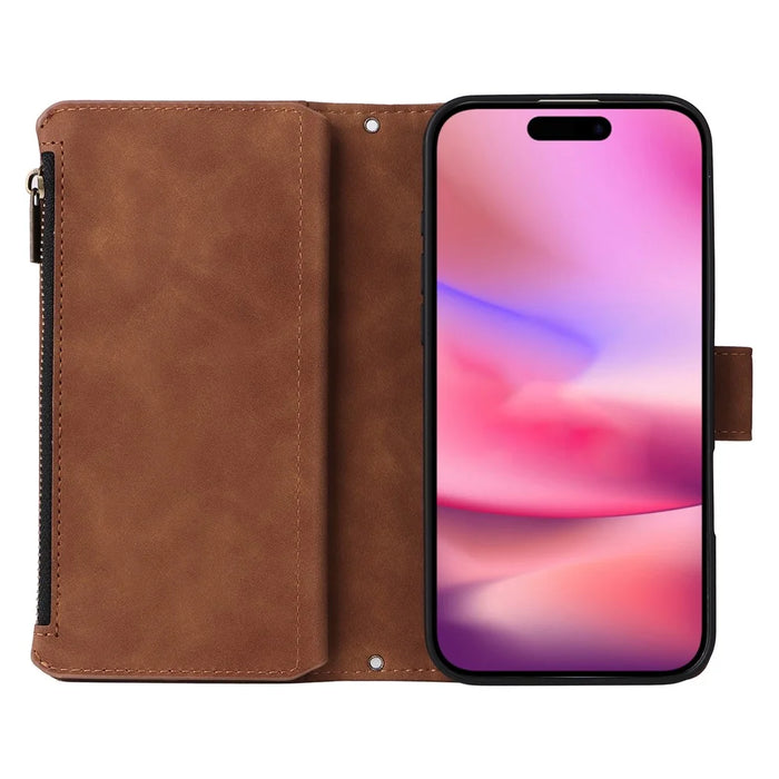 For iPhone 17 Case Zipper Wallet Multiple Card Slots Leather Phone Cover with Wrist Strap - Brown - 2