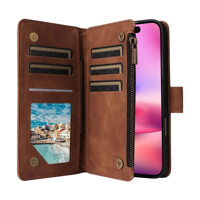 For iPhone 17 Case Zipper Wallet Multiple Card Slots Leather Phone Cover with Wrist Strap - Brown - 3