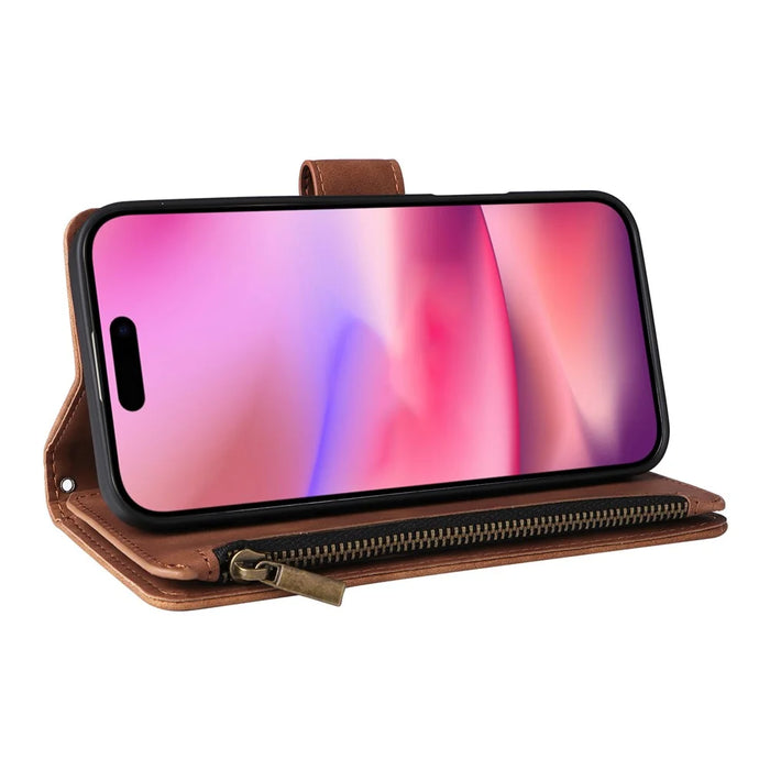 For iPhone 17 Case Zipper Wallet Multiple Card Slots Leather Phone Cover with Wrist Strap - Brown - 4