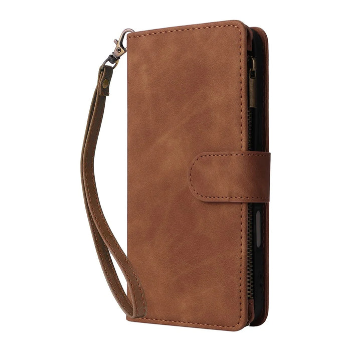 For iPhone 17 Case Zipper Wallet Multiple Card Slots Leather Phone Cover with Wrist Strap - Brown - 6