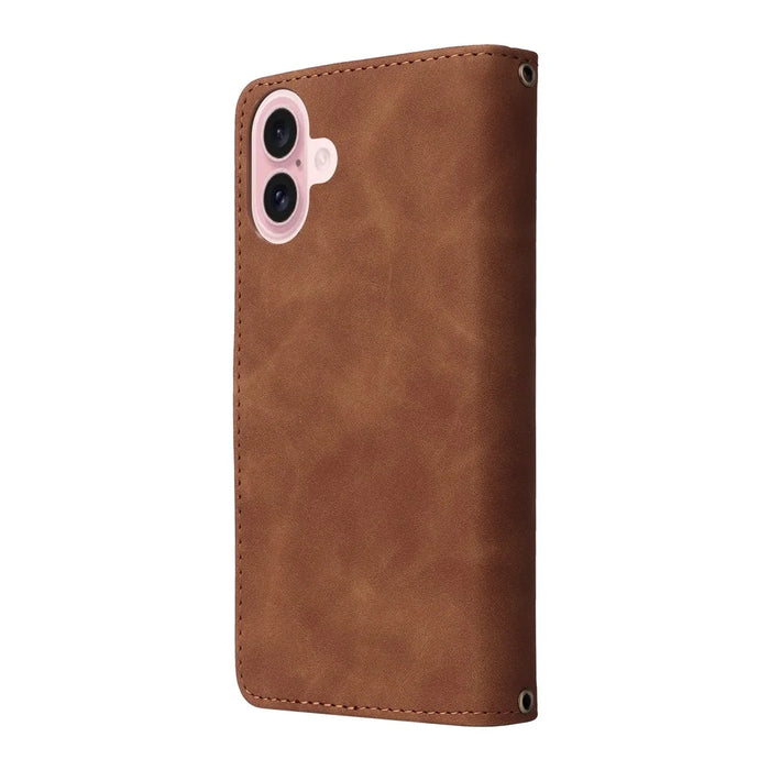 For iPhone 17 Case Zipper Wallet Multiple Card Slots Leather Phone Cover with Wrist Strap - Brown - 7