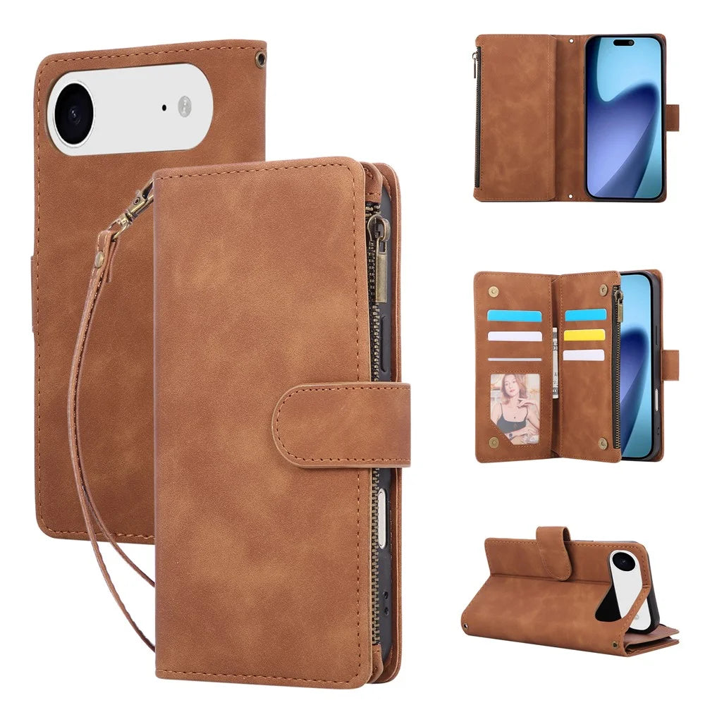 For iPhone Air Case Zipper Wallet Multiple Card Slots Leather Phone Cover with Wrist Strap - Brown - 1