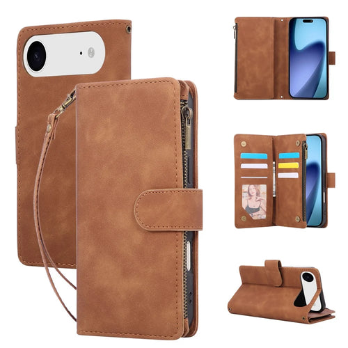 For iPhone Air Case Zipper Wallet Multiple Card Slots Leather Phone Cover with Wrist Strap - Brown - 1
