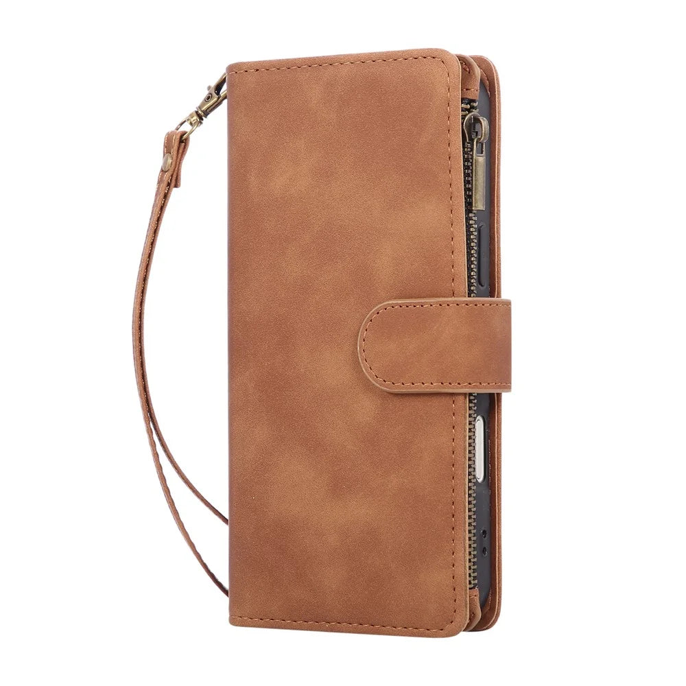 For iPhone Air Case Zipper Wallet Multiple Card Slots Leather Phone Cover with Wrist Strap - Brown - 6
