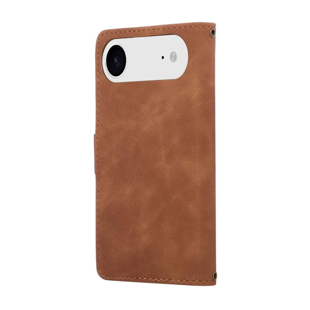 For iPhone Air Case Zipper Wallet Multiple Card Slots Leather Phone Cover with Wrist Strap - Brown - 7