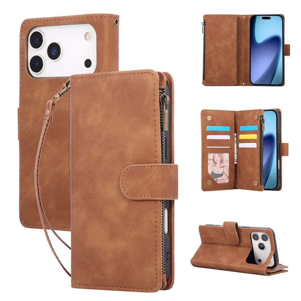 For iPhone 18 Pro / 17 Pro Case Zipper Wallet Multiple Card Slots Leather Phone Cover with Wrist Strap - Brown - 1