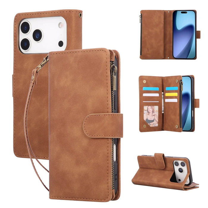 For iPhone 18 Pro / 17 Pro Case Zipper Wallet Multiple Card Slots Leather Phone Cover with Wrist Strap - Brown - 1