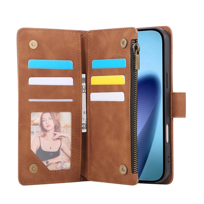 For iPhone 18 Pro / 17 Pro Case Zipper Wallet Multiple Card Slots Leather Phone Cover with Wrist Strap - Brown - 2