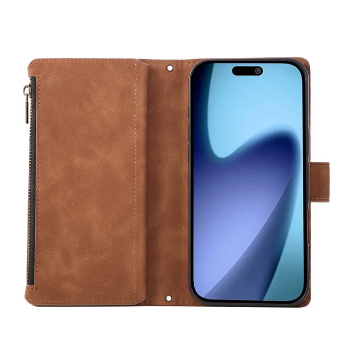 For iPhone 18 Pro / 17 Pro Case Zipper Wallet Multiple Card Slots Leather Phone Cover with Wrist Strap - Brown - 3