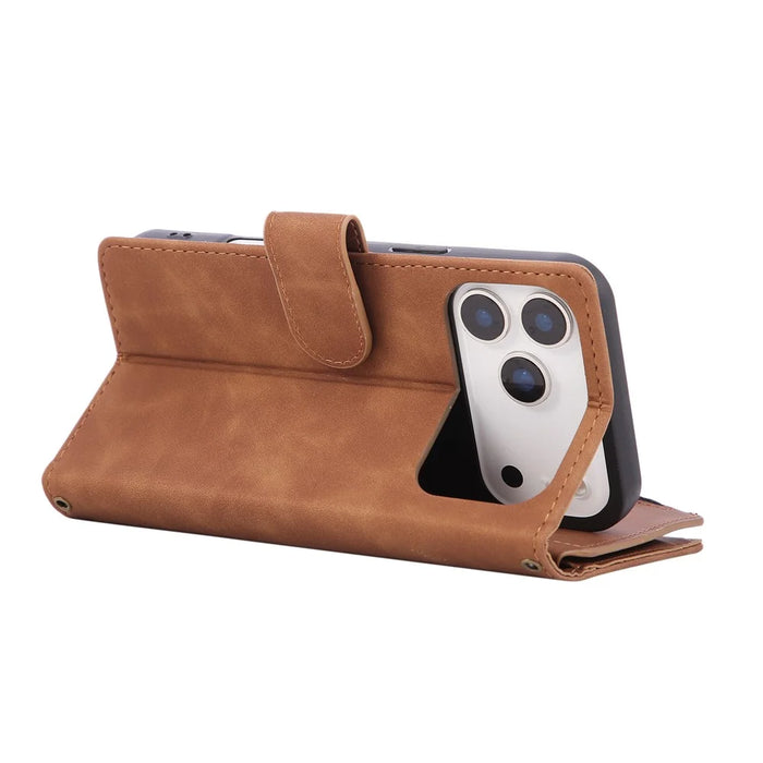 For iPhone 18 Pro / 17 Pro Case Zipper Wallet Multiple Card Slots Leather Phone Cover with Wrist Strap - Brown - 4