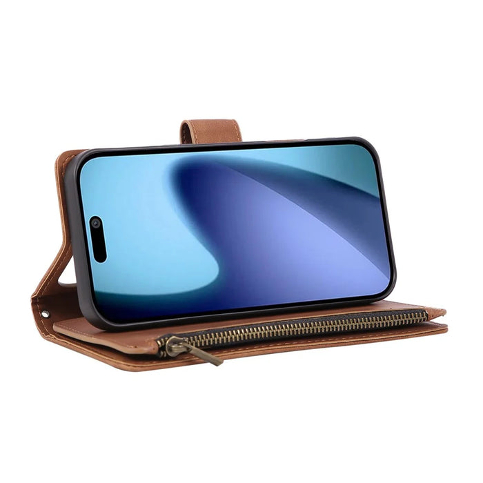 For iPhone 18 Pro / 17 Pro Case Zipper Wallet Multiple Card Slots Leather Phone Cover with Wrist Strap - Brown - 5