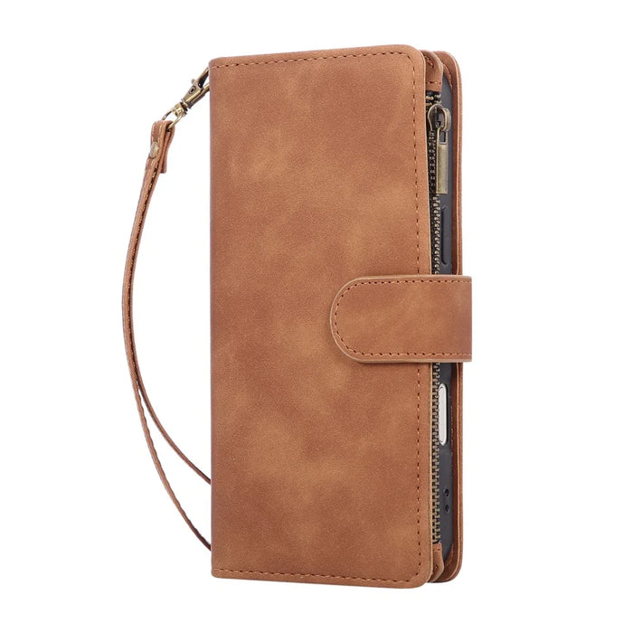 For iPhone 18 Pro / 17 Pro Case Zipper Wallet Multiple Card Slots Leather Phone Cover with Wrist Strap - Brown - 7