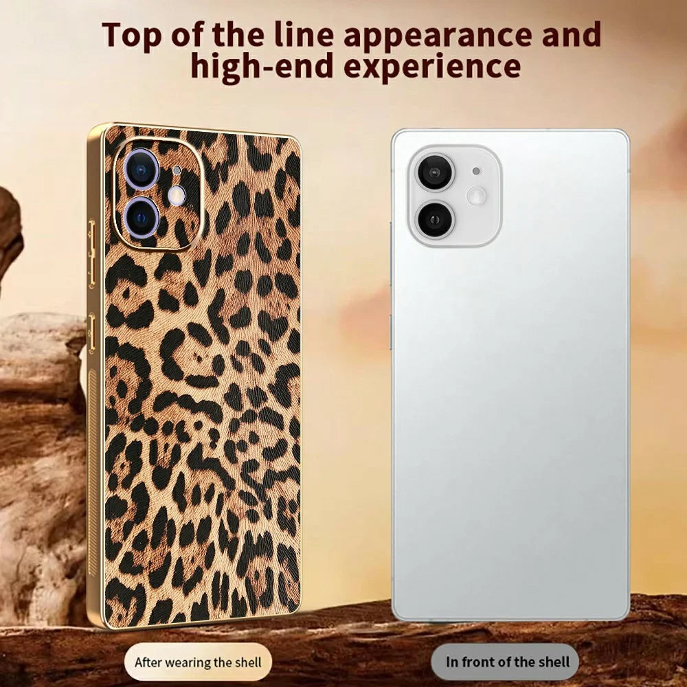 For iPhone 12 Case Leopard Print PU Leather Coated PC + TPU Electroplating Phone Cover - 3