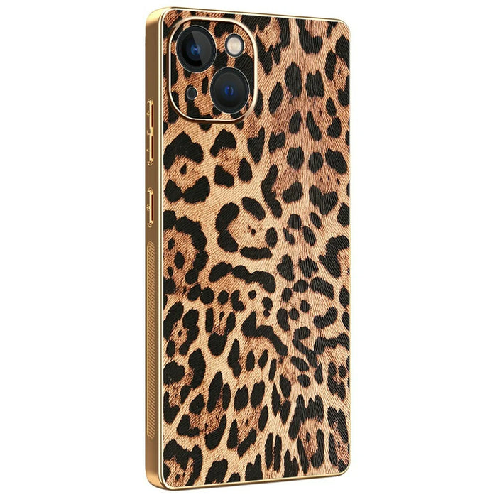 For iPhone 13 Case Leopard Print PU Leather Coated PC + TPU Electroplating Phone Cover - 1