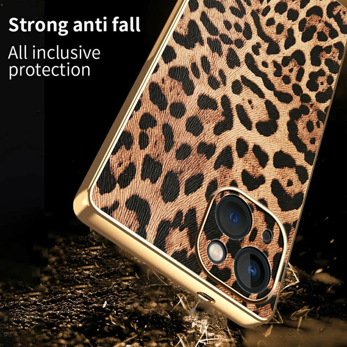 For iPhone 13 Case Leopard Print PU Leather Coated PC + TPU Electroplating Phone Cover - 2