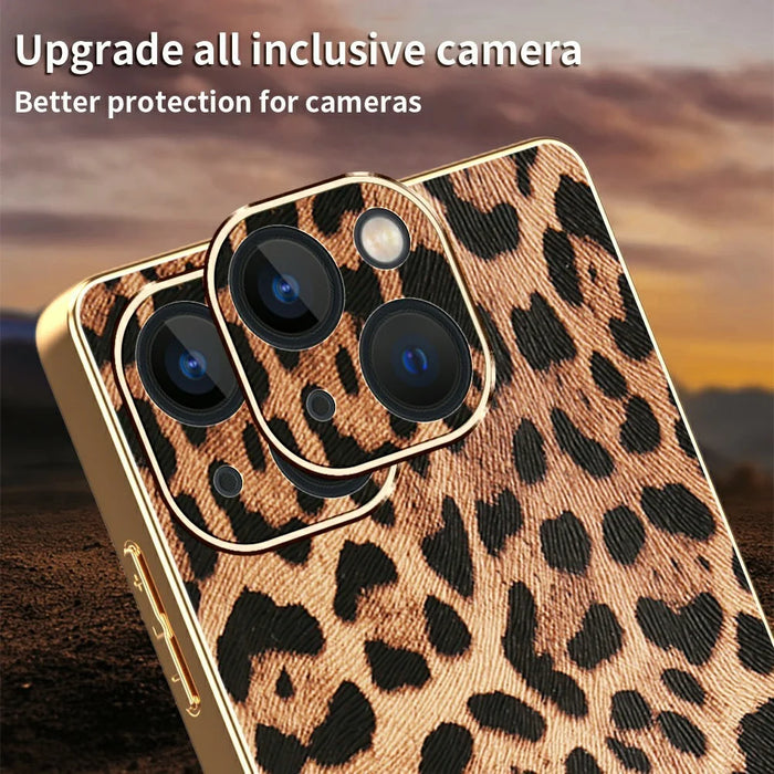 For iPhone 13 Case Leopard Print PU Leather Coated PC + TPU Electroplating Phone Cover - 4