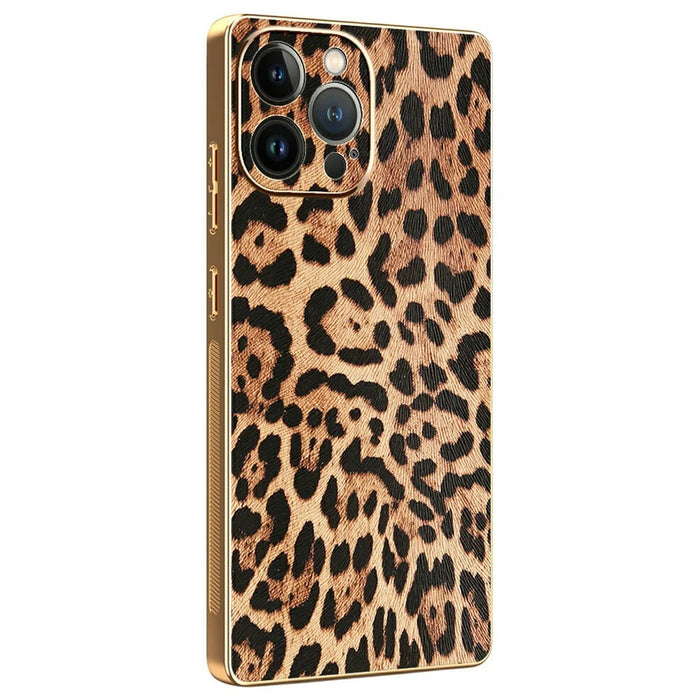 For iPhone 13 Pro Max Case Leopard Print PU Leather Coated PC + TPU Electroplating Phone Cover - 1