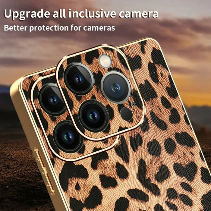 For iPhone 13 Pro Max Case Leopard Print PU Leather Coated PC + TPU Electroplating Phone Cover - 4