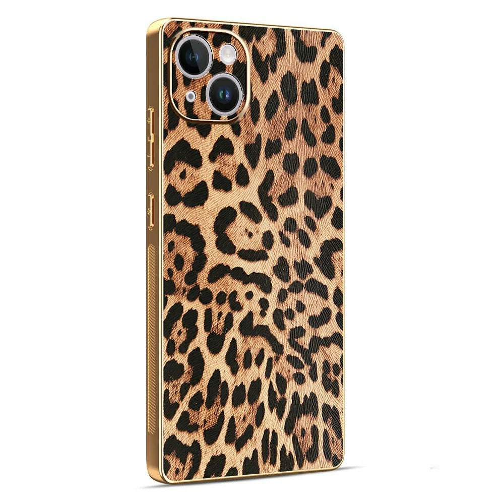 For iPhone 14 Case Leopard Print PU Leather Coated PC + TPU Electroplating Phone Cover - 1