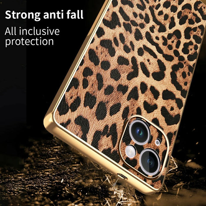 For iPhone 14 Case Leopard Print PU Leather Coated PC + TPU Electroplating Phone Cover - 2