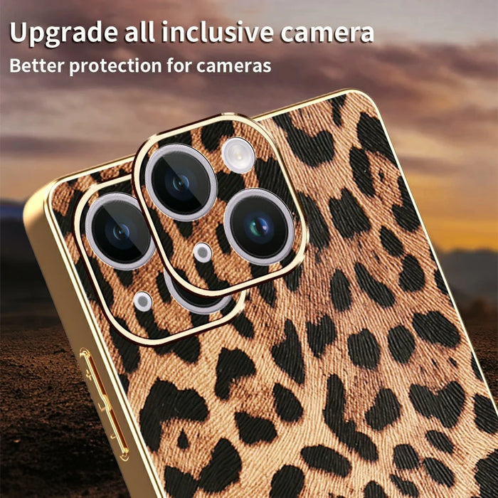 For iPhone 14 Case Leopard Print PU Leather Coated PC + TPU Electroplating Phone Cover - 4