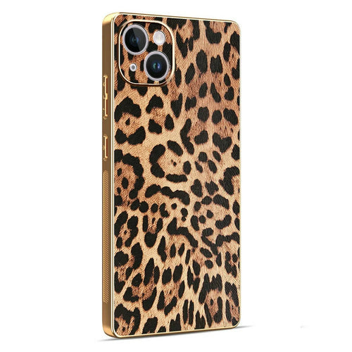 For iPhone 14 Plus Case Leopard Print PU Leather Coated PC + TPU Electroplating Phone Cover - 1