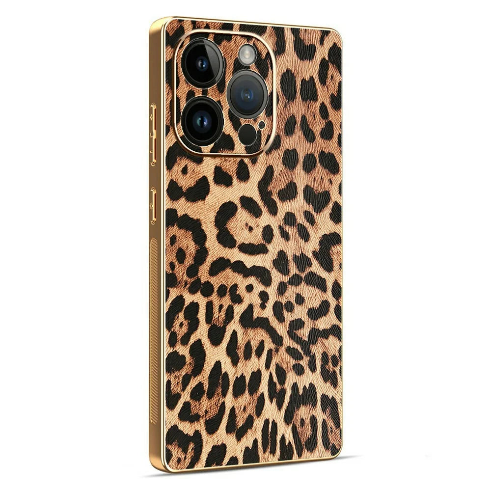 For iPhone 14 Pro Case Leopard Print PU Leather Coated PC + TPU Electroplating Phone Cover - 1