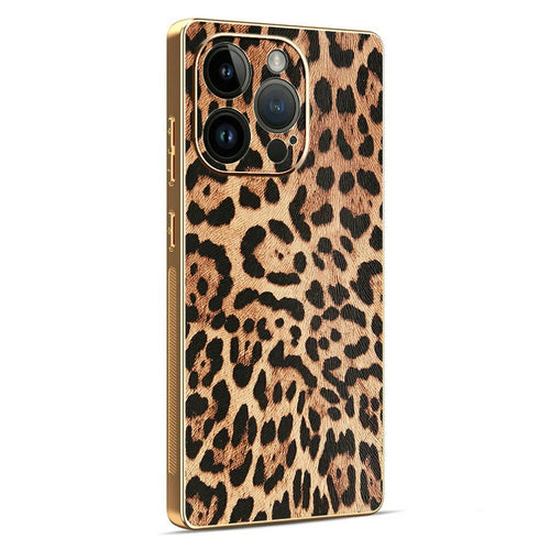 For iPhone 14 Pro Case Leopard Print PU Leather Coated PC + TPU Electroplating Phone Cover - 1