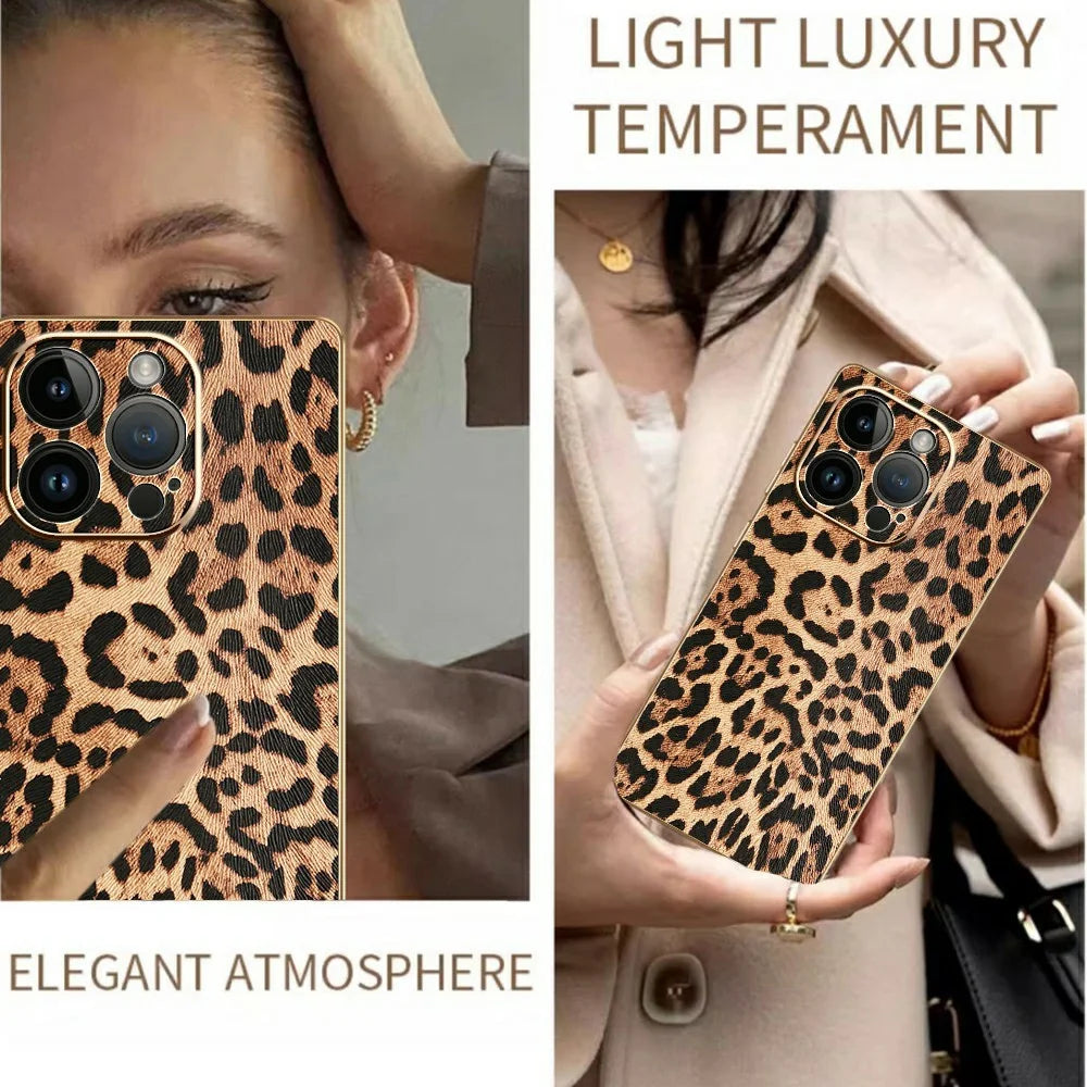 For iPhone 14 Pro Case Leopard Print PU Leather Coated PC + TPU Electroplating Phone Cover - 5