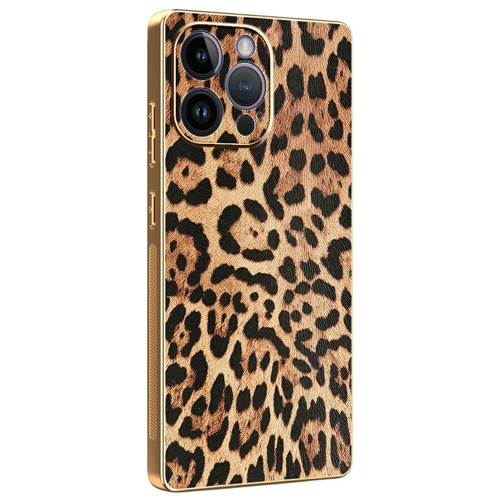 For iPhone 14 Pro Max Case Leopard Print PU Leather Coated PC + TPU Electroplating Phone Cover - 1