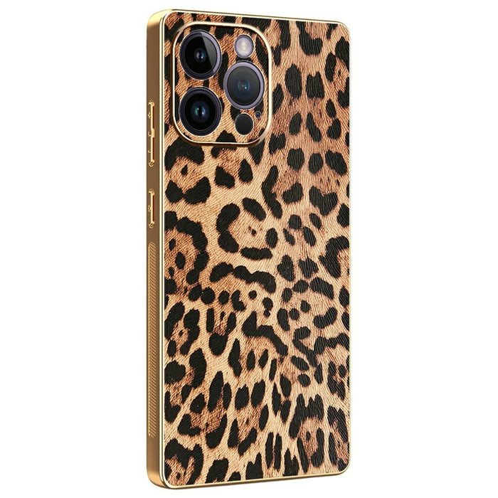 For iPhone 14 Pro Max Case Leopard Print PU Leather Coated PC + TPU Electroplating Phone Cover - 1