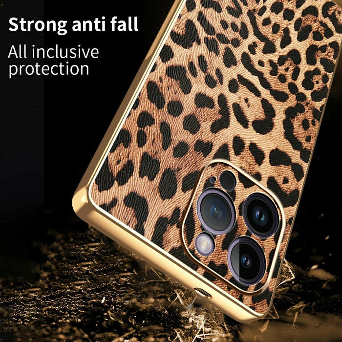 For iPhone 14 Pro Max Case Leopard Print PU Leather Coated PC + TPU Electroplating Phone Cover - 2