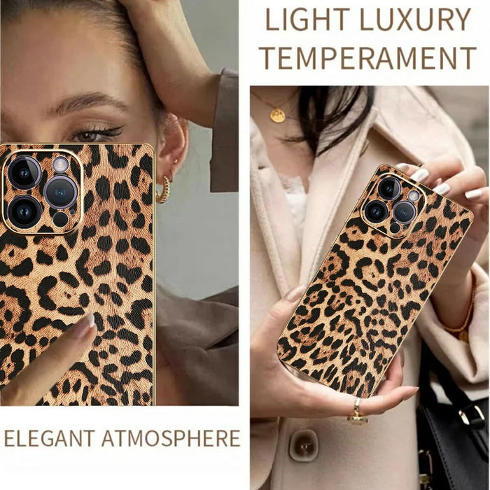 For iPhone 14 Pro Max Case Leopard Print PU Leather Coated PC + TPU Electroplating Phone Cover - 5