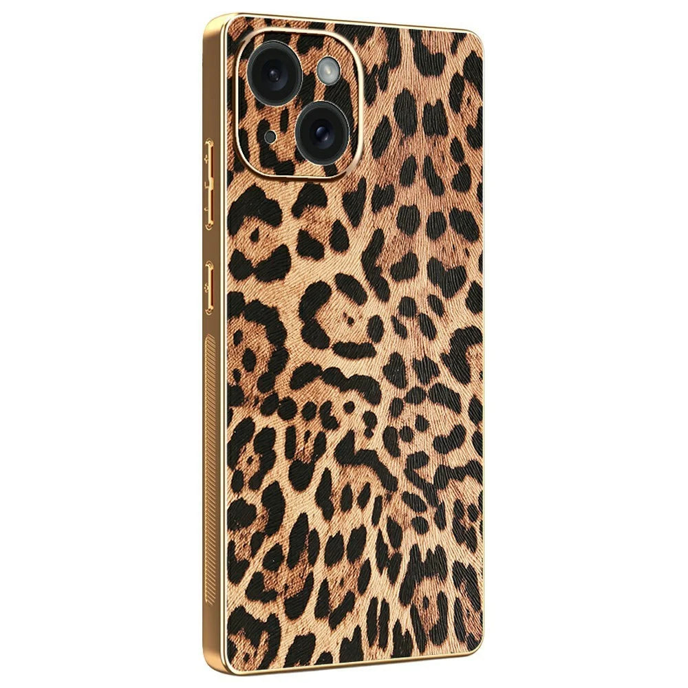 For iPhone 15 Case Leopard Print PU Leather Coated PC + TPU Electroplating Phone Cover - 1